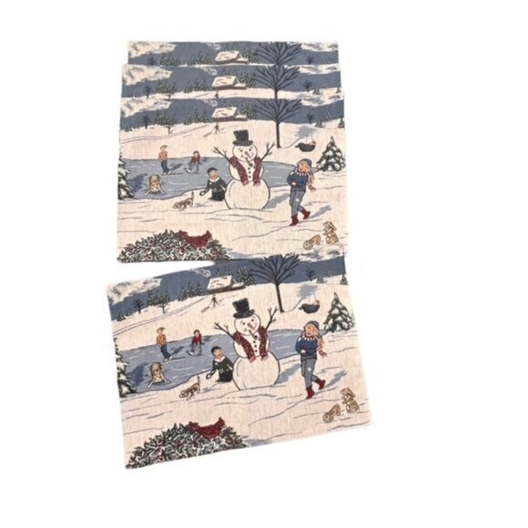 Lot Of 4 Winter Scene Snowman Placemats Cardinal Ice Skating Dogs Sledding EUC - Picture 1 of 6